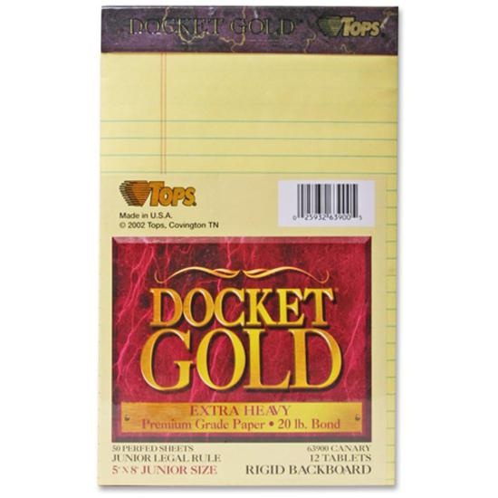 Tops Docket Gold Jr. Legal Ruled Canary Legal Pads - Jr.Legal - 50 Sheets - 0.28" Ruled - 20 Lb Basis Weight - Jr.Legal - 5" X 8" - Canary Paper - Burgundy Binding - Hard Cover, Perforated, Heavyweigh