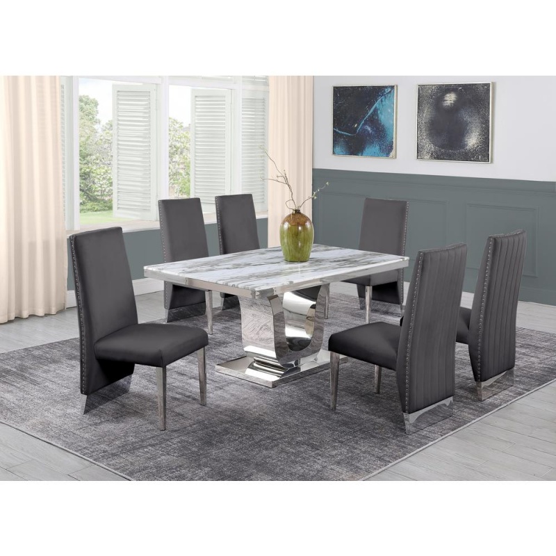 White Marble 7Pc Set Pleated Chairs in Dark Grey Velvet