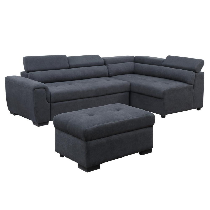 Haris Dark Gray Fabric Sleeper Sofa Sectional With Adjustable Headrest And Storage Ottoman