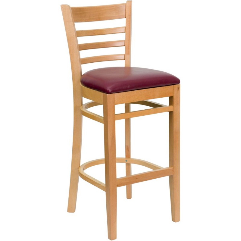 Ladder Back Natural Wood Restaurant Barstool with Burgundy Vinyl Seat