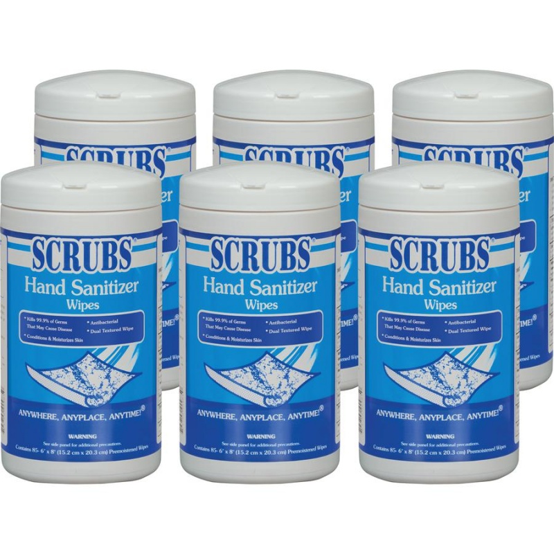 Scrubs Hand Sanitizer Wipes - Blue, White - Abrasive, Non-Scratching, Textured - For Hand - 85 Per Canister - 6 / Carton