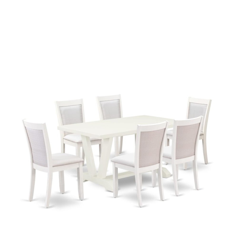 V026mz001-7 7-Piece Kitchen Dining Table Set Contains A Wooden Table And 6 Cream Dining Chairs - Wire Brushed Linen White Finish