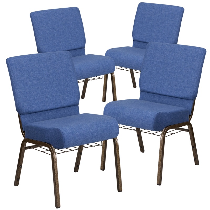 4 Pk. Hercules Series 21'' Wide Blue Fabric Church Chair With 4'' Thick Seat, Cup Book Rack - Gold Vein Frame