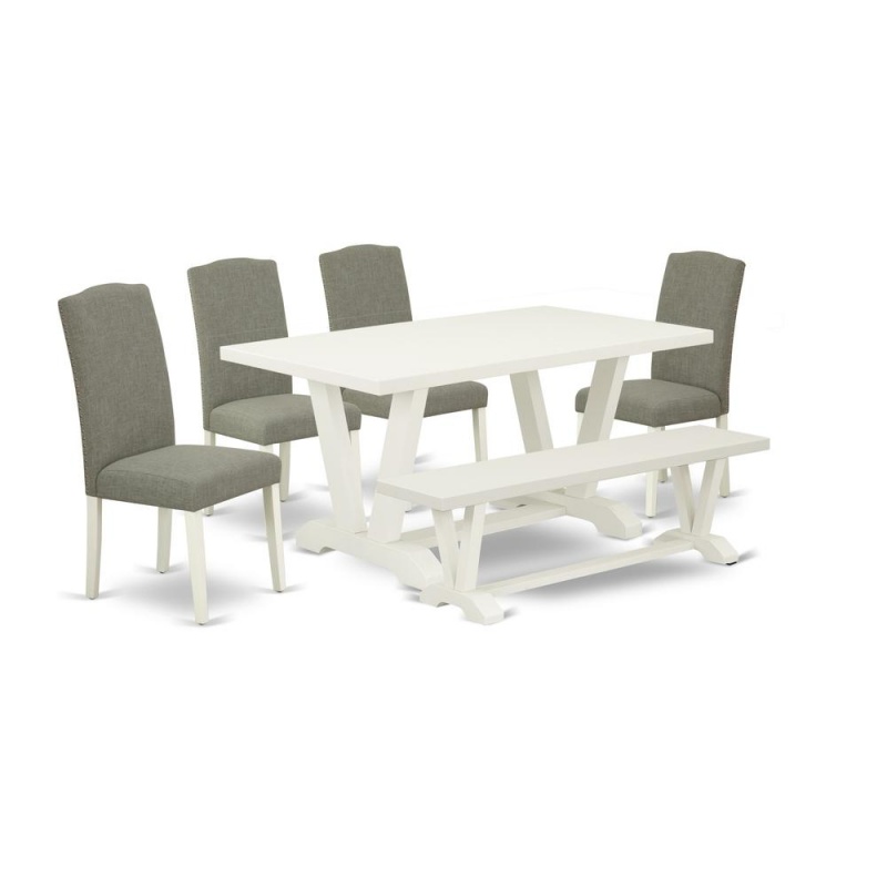East West Furniture 6-Piece Table Dining Set-Dark Shitake Linen Fabric Seat And Stylish Chair Back Kitchen Chairs, A Rectangular Bench And Rectangular Top Kitchen Table With Hardwood Legs - Linen Whit