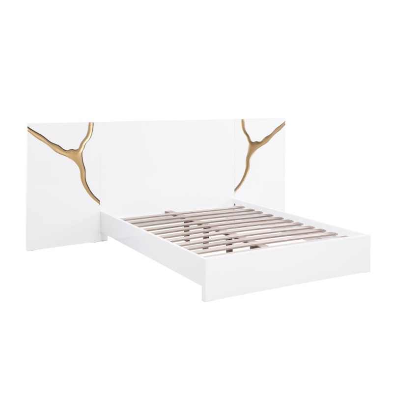 Modern Lacquered High Gloss Queen Bed Frame With Striking Gold Accent Cracks