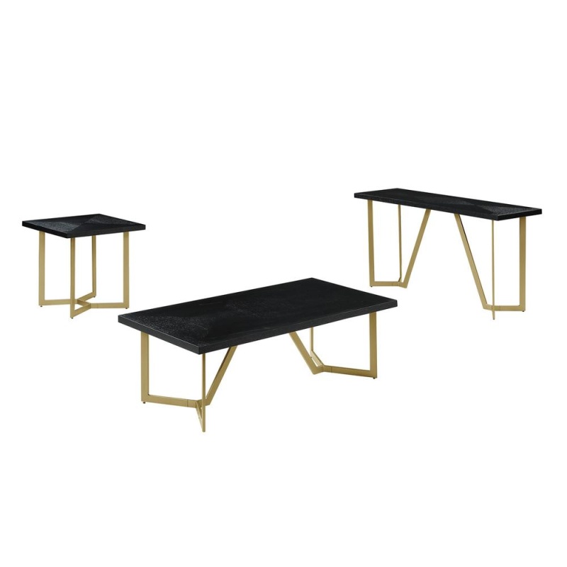 3Pc Black Wood Top Coffee Table Set W/Gold Color Iron Base (1Coffee+1End+1Console Table)