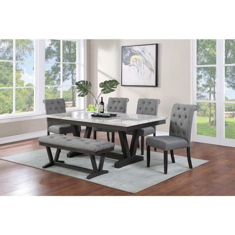 6 Pc Dining Set Faux Marble Wrap Table Set With Grey Linen Chairs And One Bench