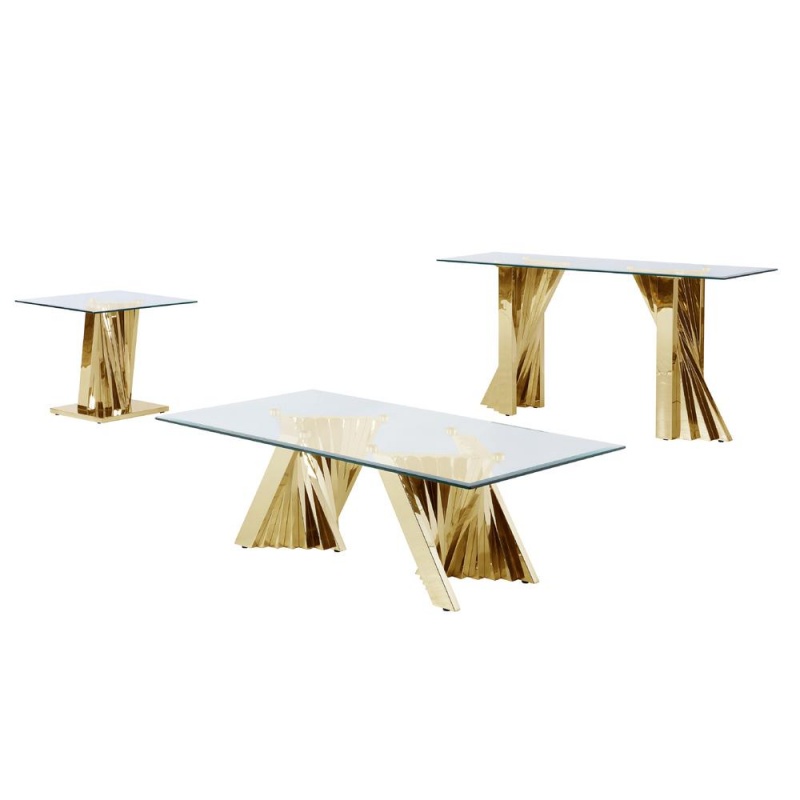 Glass Coffee Table Sets: Coffee Table, End Table, Console Table With Stainless Steel Gold Base