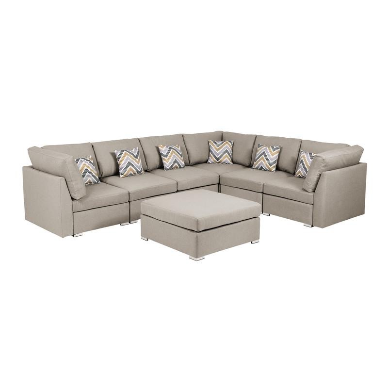Amira Beige Fabric Reversible Modular Sectional Sofa W/ Ottoman & Pillows