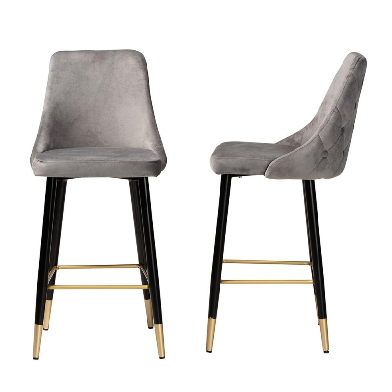 Baxton Studio Giada Contemporary Glam And Luxe Grey Velvet Fabric And Dark Brown Finished Wood 2-Piece Bar Stool Set