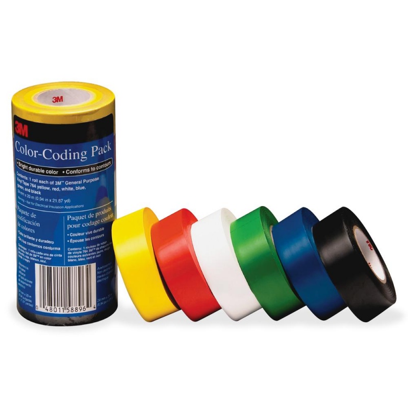 3M Vinyl Tape 764 Color-Coding Pack - 21.87 Yd Length X 0.94" Width - 5 Mil Thickness - Rubber - 4 Mil - Polyvinyl Chloride (Pvc) Backing - 6 / Pack - Multicolor