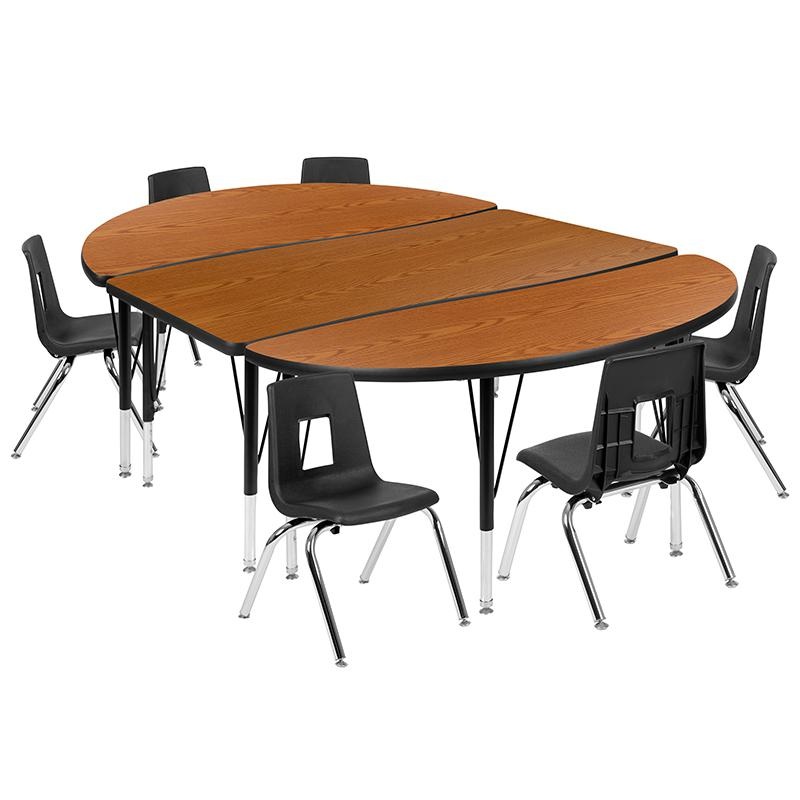 76" Oval Wave Collaborative Laminate Activity Table Set With 12" Student Stack Chairs, Oak/Black