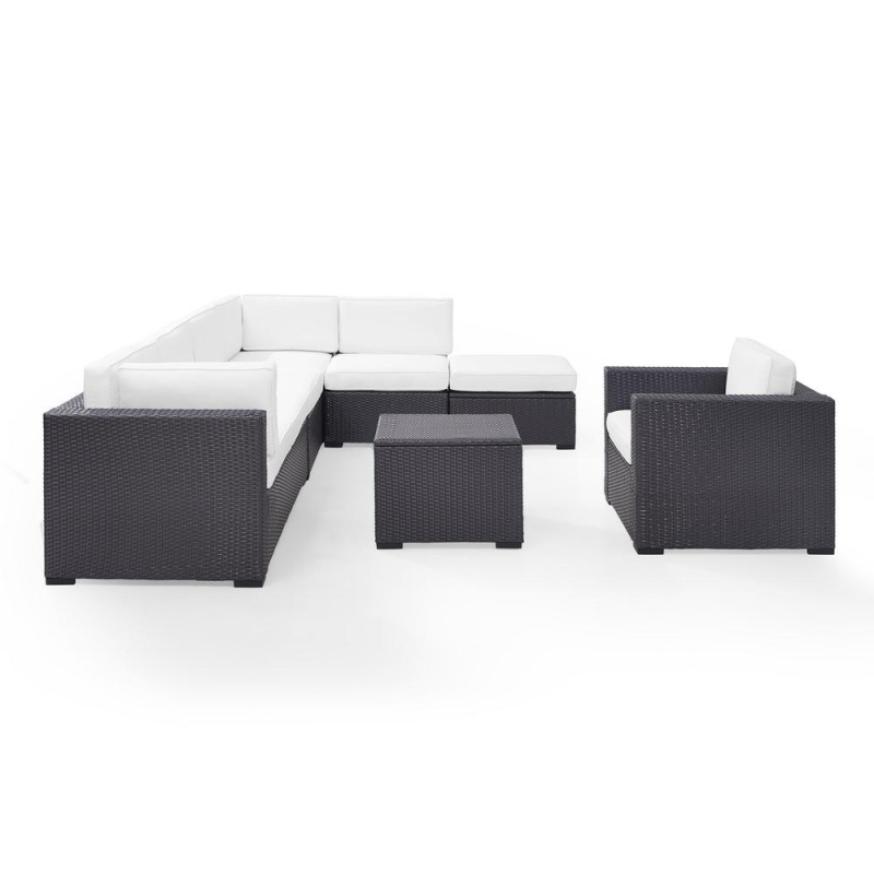 Biscayne 6Pc Outdoor Wicker Sectional Set White/Brown - 2 Loveseats, Armless Chair, Arm Chair, Coffee Table, Ottoman