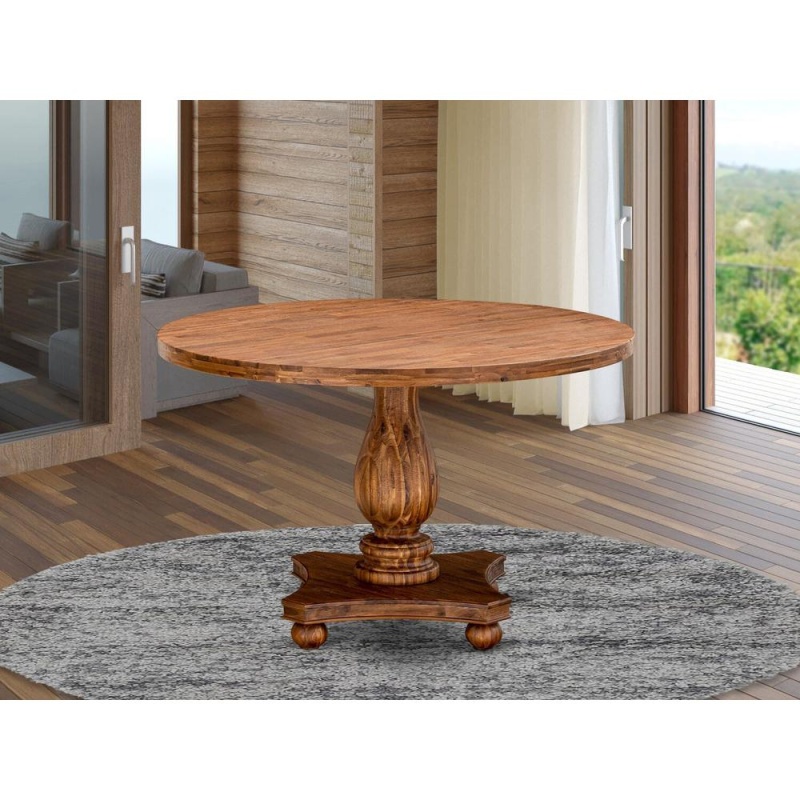 East West Furniture Irving Round Dining Table With Pedestal, Rustic Rubberwood Table In Sandblasting Antique Walnut Finish 48 Inch