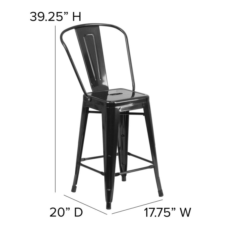 Kai Commercial Grade 24" High Black Metal Indoor-Outdoor Counter Height Stool With Removable Back And Square Black All-Weather Poly Resin Seat