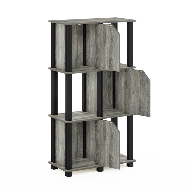 Furinno Brahms 4-Tier Storage Shelf With 3 Doors, French Oak Grey/Black