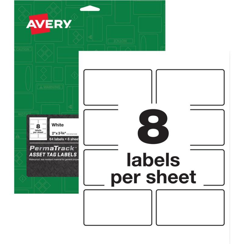 Avery® Permatrack Asset Tag Label - 2" Width X 3 3/4" Length - Permanent Adhesive - Rectangle - Laser - White - Film - 8 / Sheet - 8 Total Sheets - 64 Total Label(S) - 5