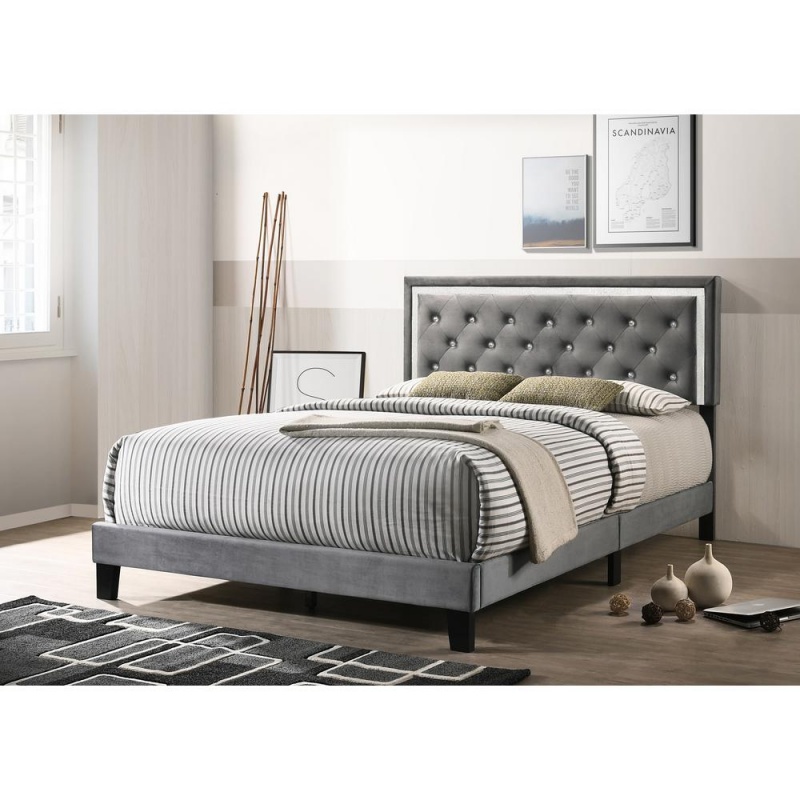 Dark Grey Velvet Uph. Panel Bed With Accents - Full