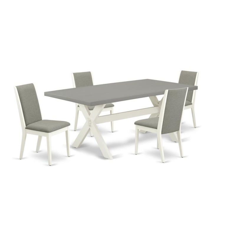 East West Furniture X097la206-5 5-Piece Fashionable Dining Room Table Set A Superb Cement Color Wood Table Top And 4 Linen Fabric Wonderful Padded Chairs With Stylish Chair Back, Linen White Finish
