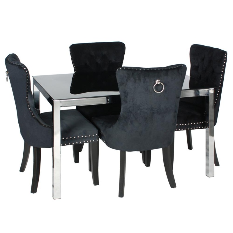 Better Home Products Lisa Chrome Dining Table Set For 4 With Black Velvet Chairs