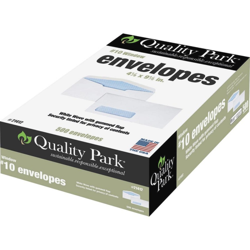 Quality Park No. 10 Single Window Security Tint Envelopes - Single Window - #10 - 4 1/8" Width X 9 1/2" Length - 24 Lb - Adhesive - Wove - 500 / Box - White