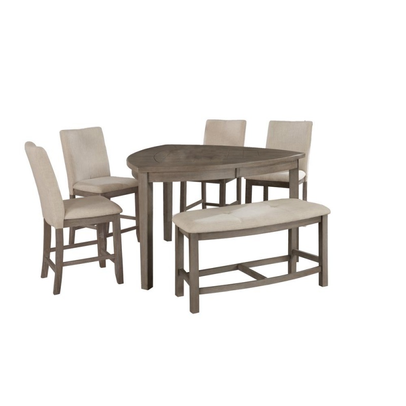 6Pc Counter Height Dining Set In Rustic Grey, Petal-Shaped Table, 4 Chairs & 1 Bench In Beige