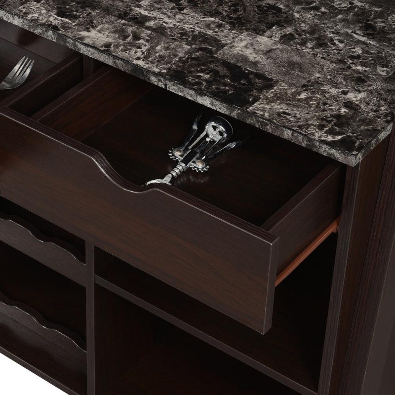 Uptown Wine Bar With Cabinet, Faux Black Marble/Espresso