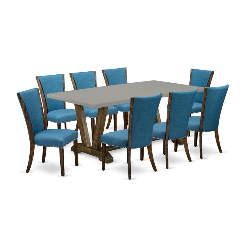 East West Furniture V797ve721-9 9Pc Dining Room Table Set Offers A Dinette Table And 8 Parson Dining Chairs With Blue Color Linen Fabric, Distressed Jacobean And Cement Finish