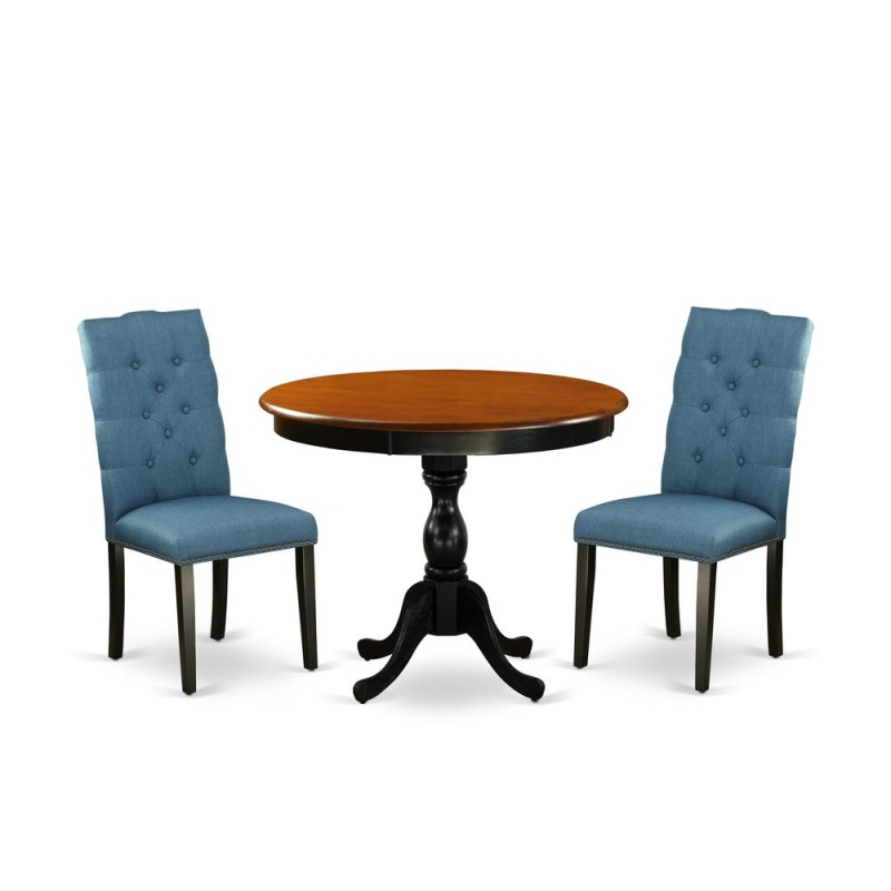 3-Pc Dining Table Set with 2 Blue Linen Parson Chairs