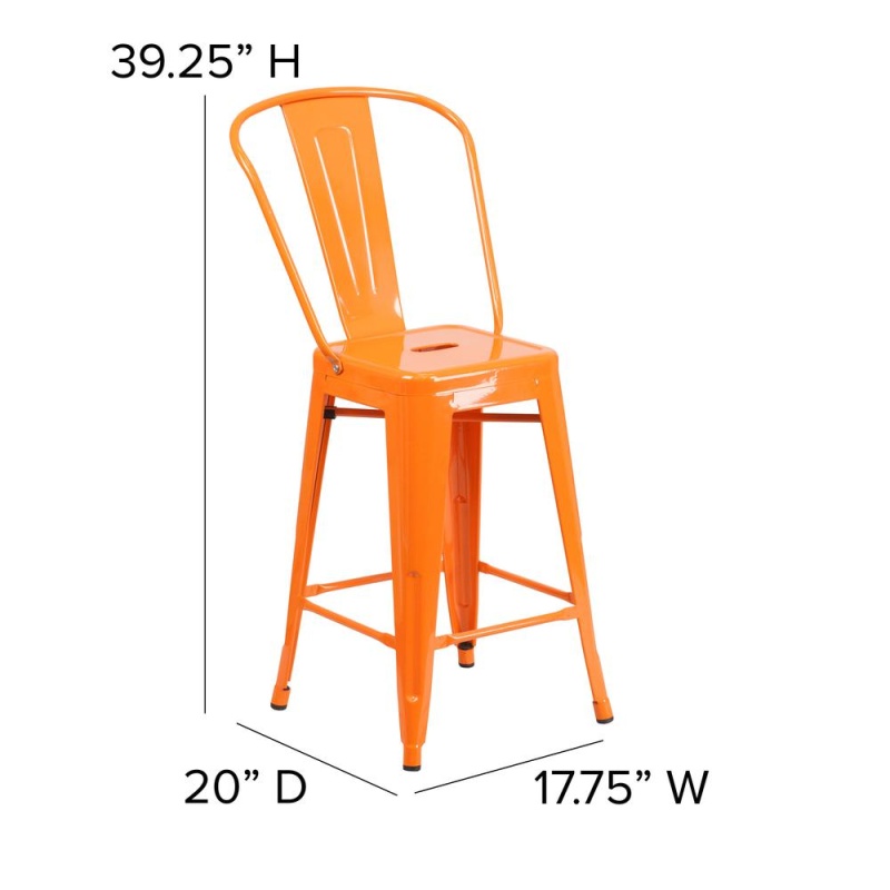Kai Commercial Grade 24" High Orange Metal Indoor-Outdoor Counter Height Stool With Removable Back And Square Teak All-Weather Poly Resin Seat