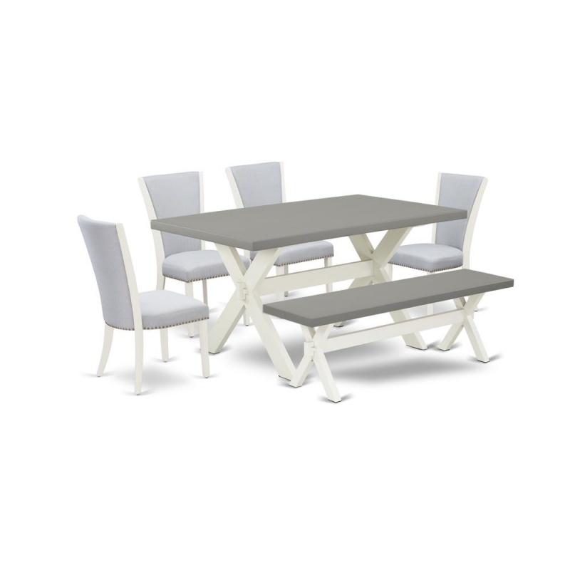 East West Furniture X096ve005-6 6 Piece Dining Table Set - 4 Grey Linen Fabric Dining Room Chair With Nailheads And Cement Kitchen Table - 1 Small Bench - Wire Brushed Linen White Finish