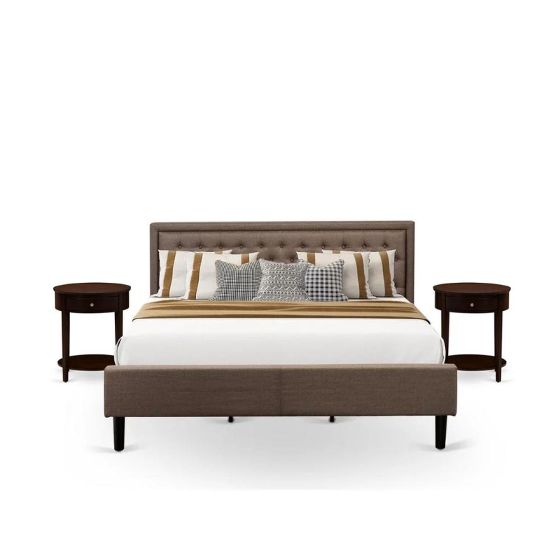 East West Furniture 3-Piece Bedroom Set with Brown Headboard and 2 Night Stands