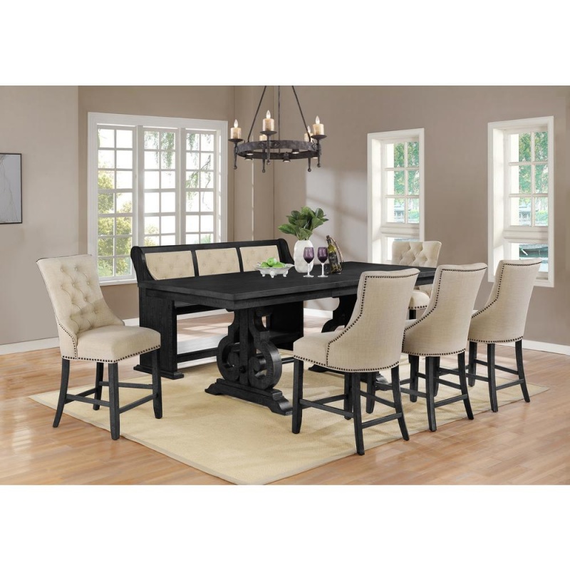 7Pc Counter Height Extendable Dining Set, 5 Chairs & 1 Bench In Beige, Table W/Center 18" Leaf