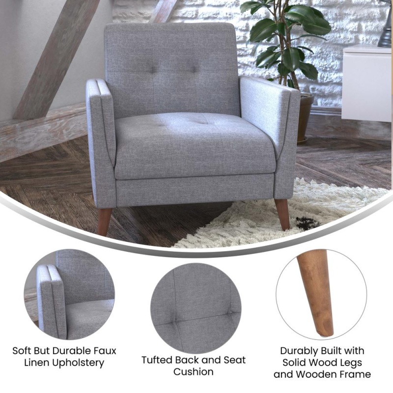 Conrad Mid-Century Modern Commercial Grade Armchair With Tufted Faux Linen Upholstery & Solid Wood Legs In Slate Gray