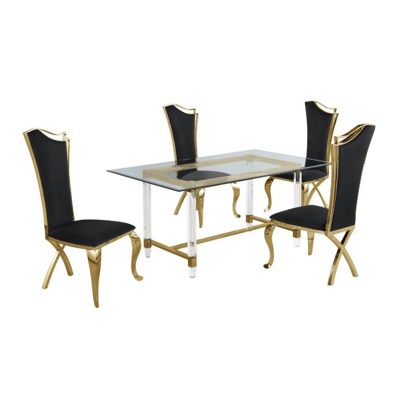 Acrylic Glass 5Pc Gold Set Stainless Steel Highback Chairs In Black Velvet