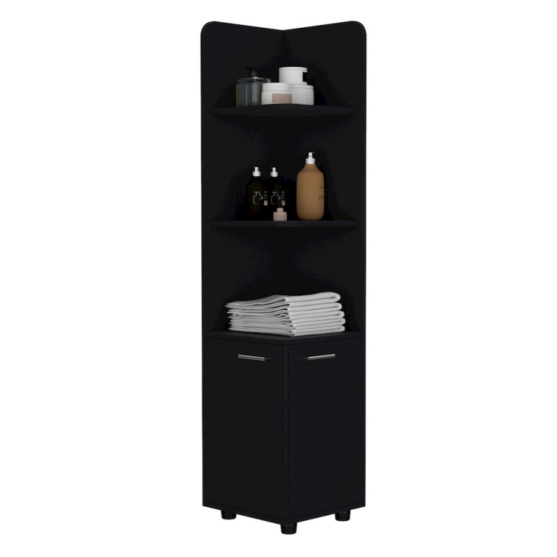 62H Tall Corner Cabinet with 3-Tier Shelf and 2-Door, Black