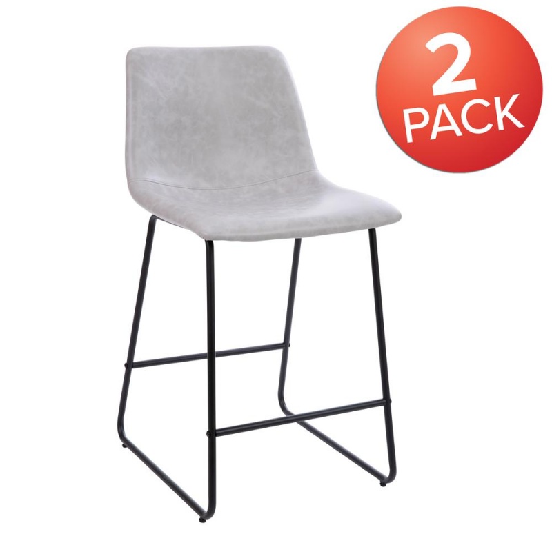24 Inch Leathersoft Counter Height Barstools In Light Gray, Set Of 2
