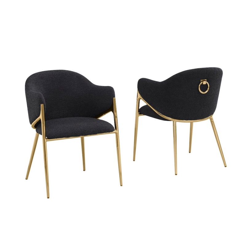 Black Bouclé Fabric Side Chairs with Gold Base