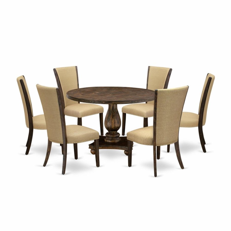 East West Furniture 7-Pc Kitchen Table Set - Dinning Table And 6 Brown Color Parson Dining Room Chairs With High Back - Distressed Jacobean Finish