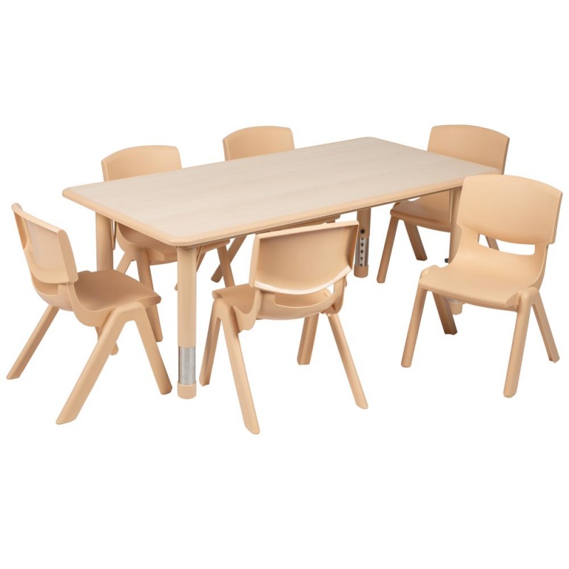 23.625"W X 47.25"L Rectangular Natural Plastic Height Adjustable Activity Table Set With 6 Chairs
