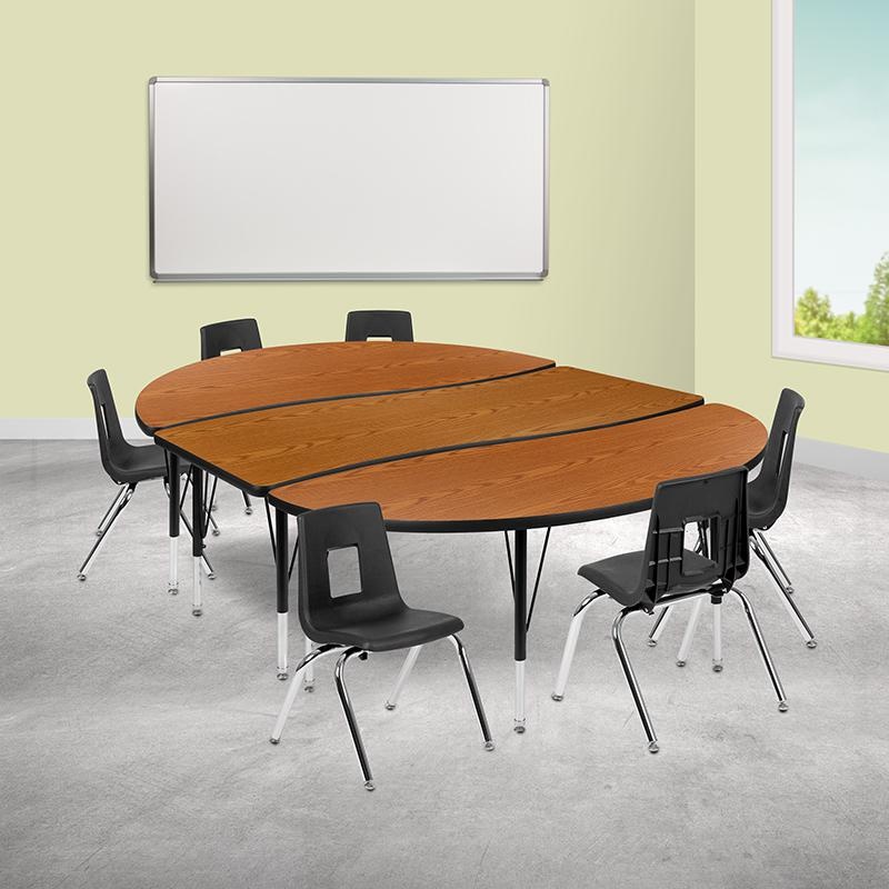86" Oval Wave Collaborative Laminate Activity Table Set With 14" Student Stack Chairs, Oak/Black