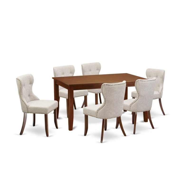 East-West Furniture Dusi7-Mah-35 - A Kitchen Dining Table Set Of 6 Excellent Parson Chairs Using Linen Fabric Doeskin Color And A Fantastic Rectangle Wooden Table With Mahogany Finish