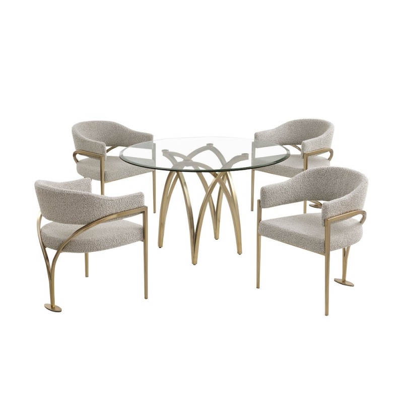 5Pc Round 48X48 Dining Set With 4 Gray Boucle Chairs