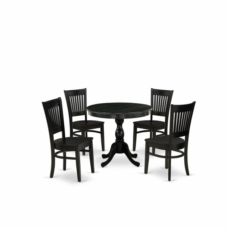 East West Furniture 5-Piece Kitchen Dining Set- 4 Dining Chair And Modern Round Dining Table - Wooden Seat And Slatted Chair Back (Black Finish)