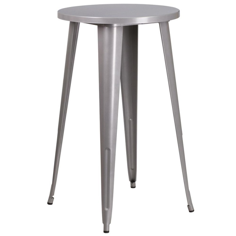 24'' Round Silver Metal In-Outdoor Bar Table Set-4 Square Seat Backless Stools