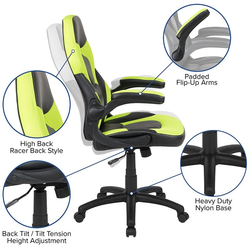 Black Gaming Desk And Green/Black Racing Chair Set With Cup Holder, Headphone Hook, And Monitor/Smartphone Stand