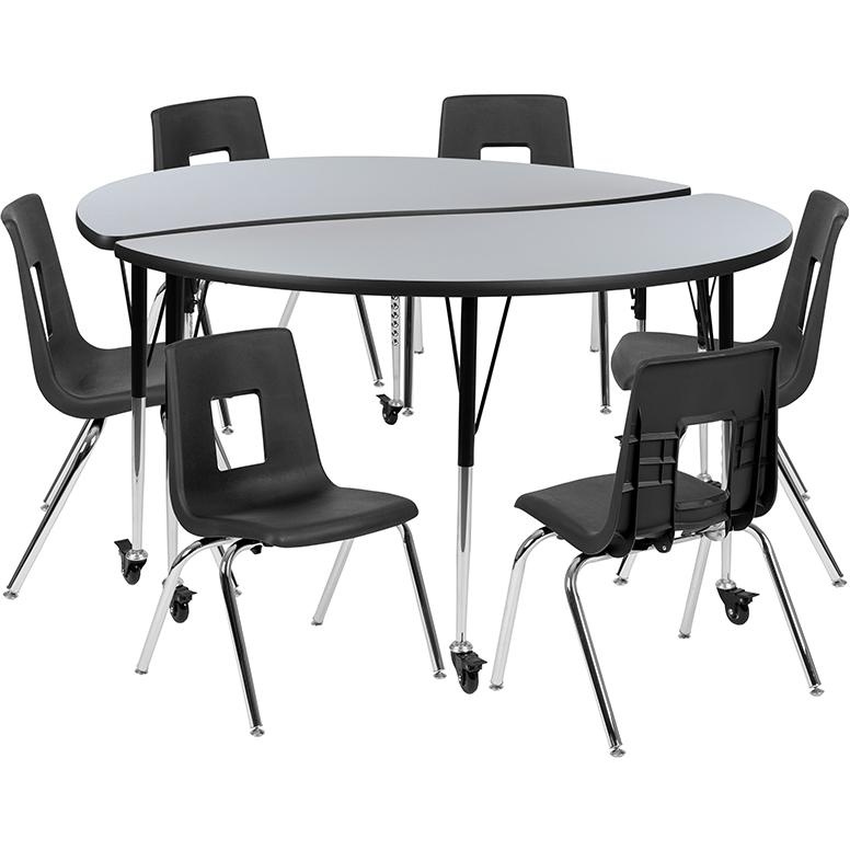 Mobile 60" Circle Wave Collaborative Laminate Activity Table Set With 16" Student Stack Chairs, Grey/Black