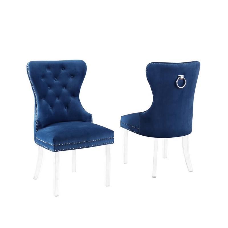 Navy Blue Velvet Tufted Dining Side Chairs, Acrylic Legs - Set Of 2