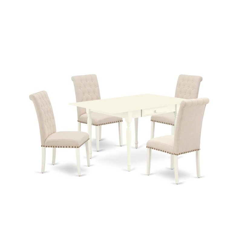 1Mzbr5-Lwh-02 5Pc Dinette Set Includes A Small Table And 4 Parsons Dining Chairs With Light Beige Color Linen Fabric, Drop Leaf Table With Full Back Chairs, Linen White Finish