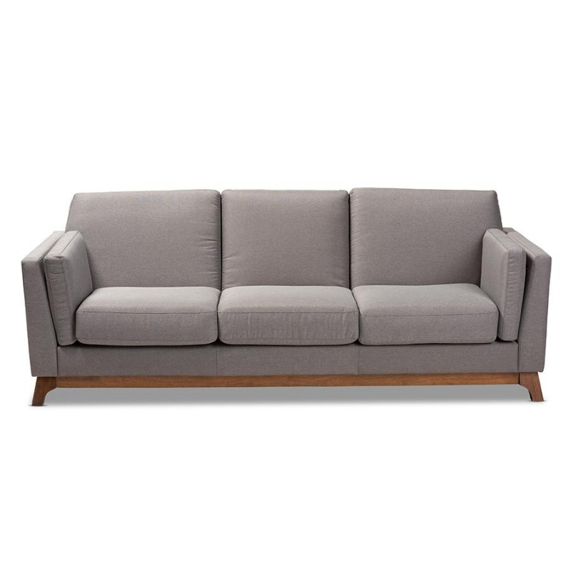 Sava Mid-Century Modern Grey Fabric Upholstered Walnut Wood 3-Seater Sofa